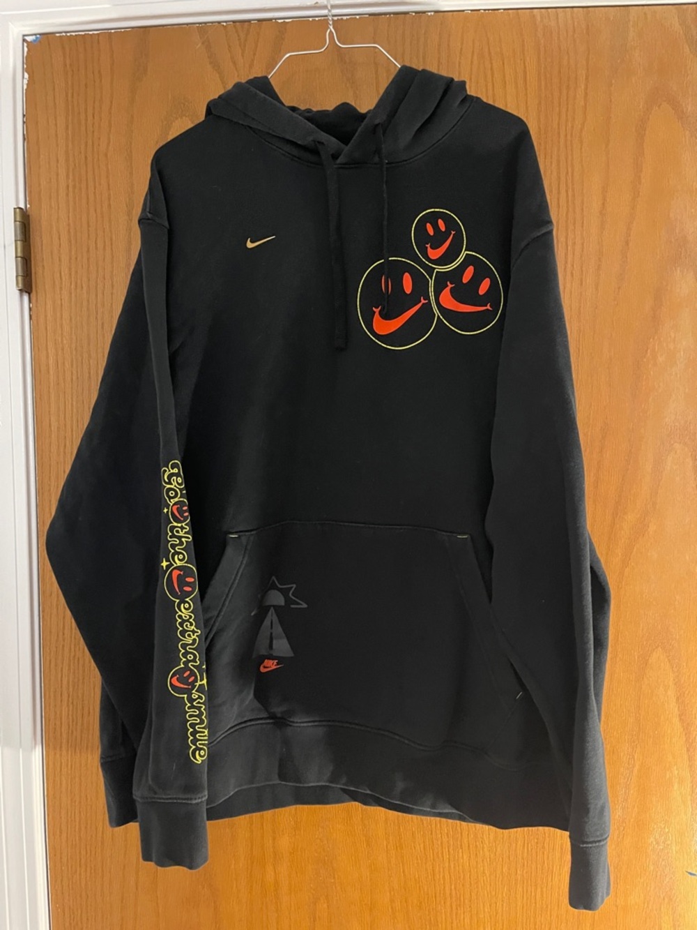 Nike Black Hoodie with Orange and Yellow Smiley Swooshes